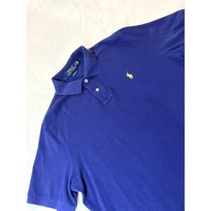 Polo Ralph Lauren Classic Fit Navy Blue Cotton Polo Shirt Large Yellow Pony